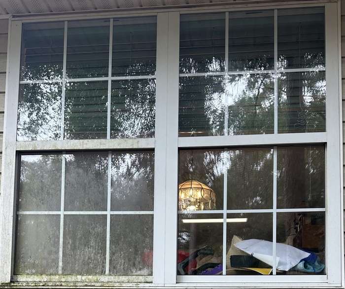 Window mid-clean: three panes sparkling clean, one still dirty